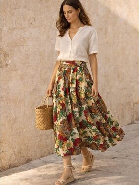 Geiger Austria Floral Midi Skirt Pleated Vintage Style Cotton EU 38